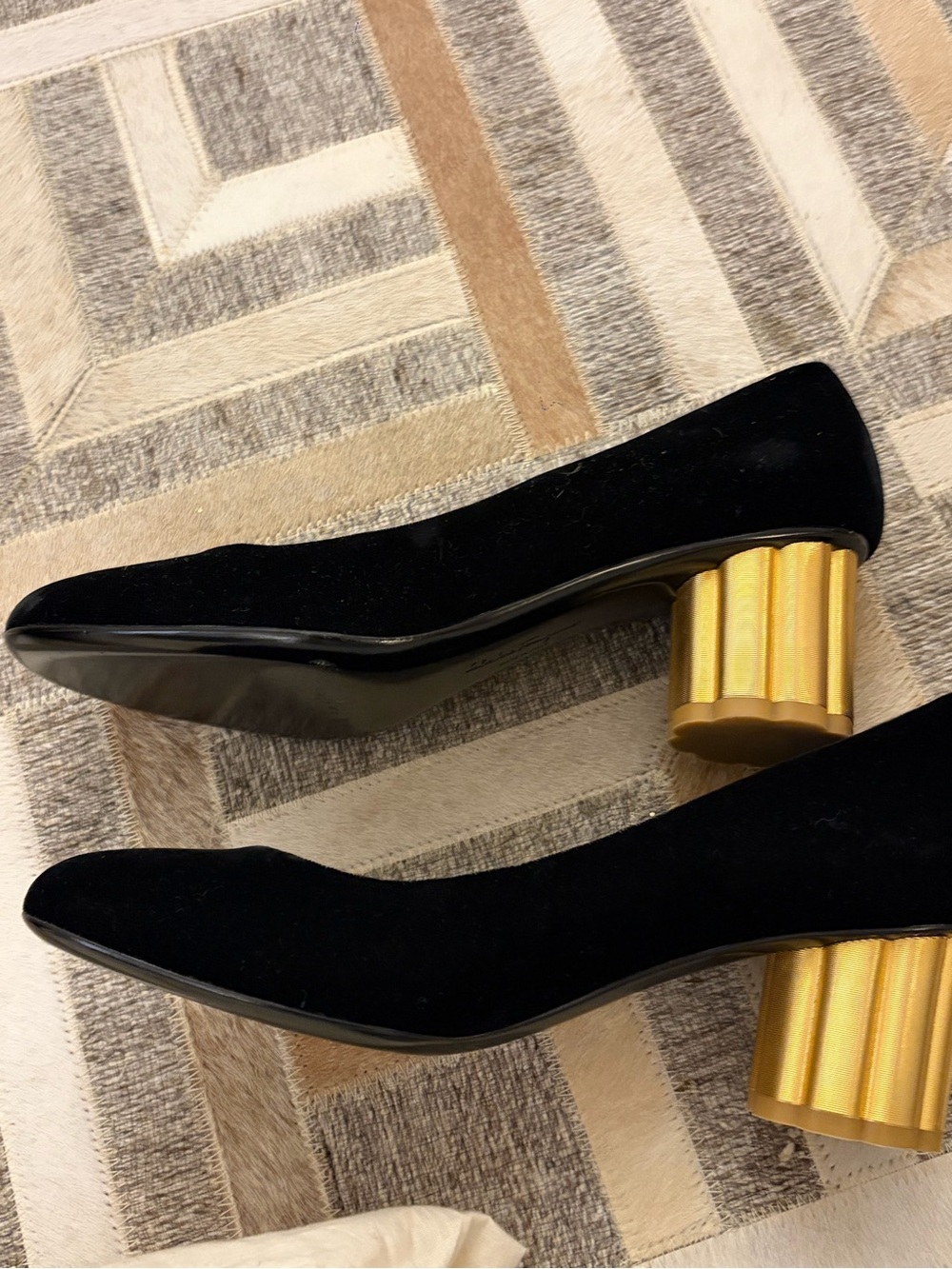 Black Velvet Ferragamo Pumps with Gold Sculpted Heel - Women's Shoes
